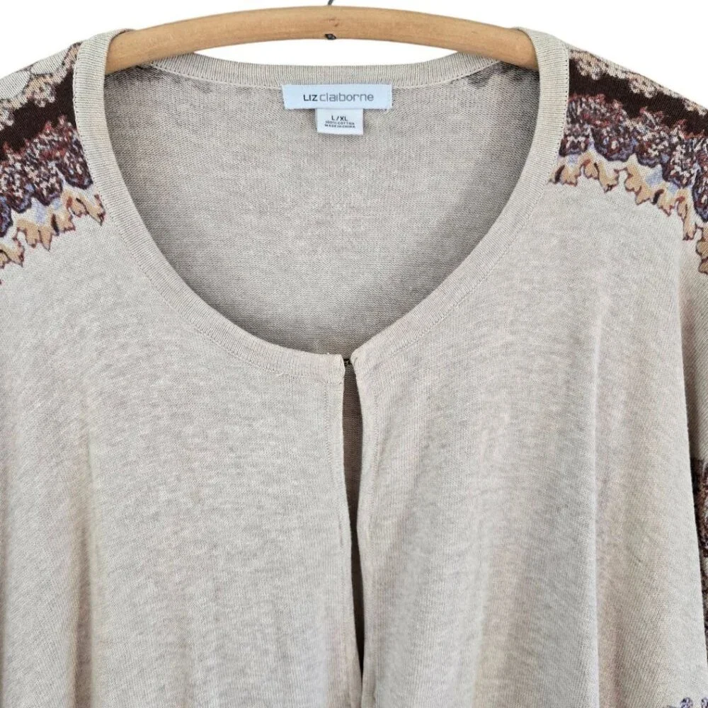 Liz Claiborne Womens L/XL Cotton Beige & Burgundy Floral Ruana Poncho Shawl - Picture 3 of 9